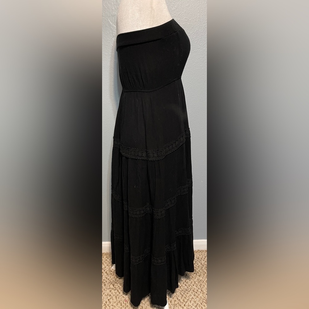 Justify Black Strapless Lace Trim Midi Dress Tiered Goth Cottagecore Y2K Medium - Picture 4 of 8